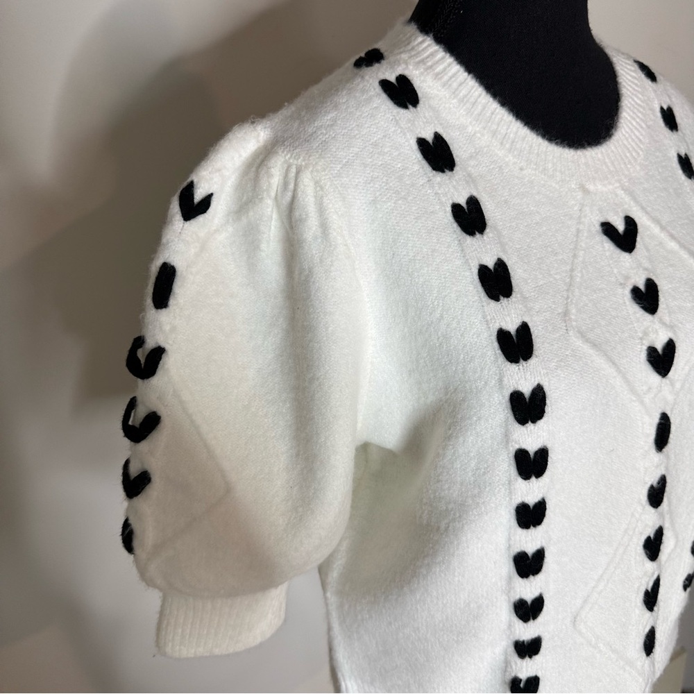 ELLEN TRACY New Puff Short Sleeve White Black Heart Crop Knit Sweater Sz Large - Picture 5 of 11